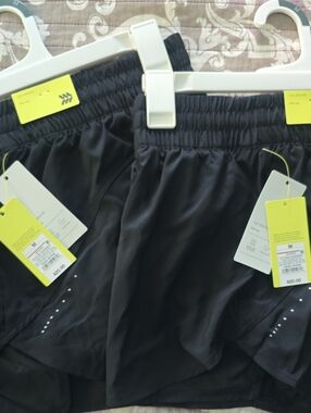 2 All In Motion Black Athletic Mid Rise Run Shorts, Elastic Drawstring Panty, M